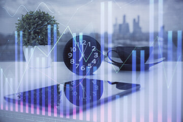 Double exposure of forex graph drawing and cell phone background. Concept of financial data analysis