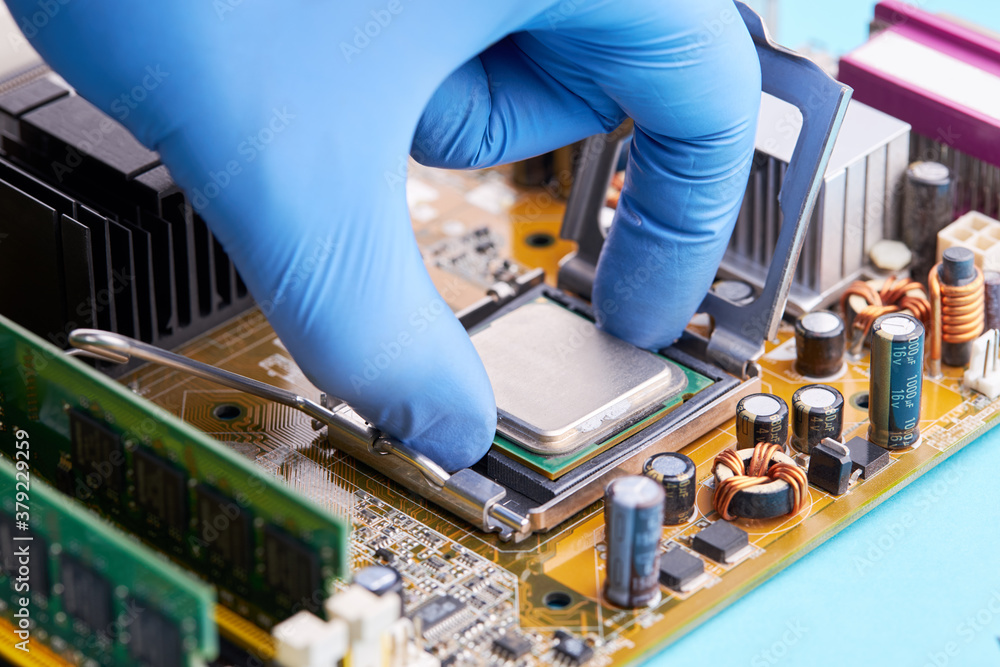 Poster computer hardware service concept. technician repairing desktop pc or laptop circuit board. person i