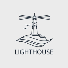 abstract lighthouse line icon with ocean waves and seagulls isolated on white background