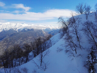 .Winter ski resort view of mountains and slopes