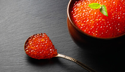 Red caviar in pot on stone plate.