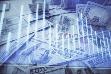 Multi exposure of forex chart drawing over us dollars bill background. Concept of financial success markets.