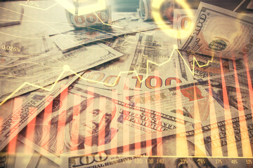 Multi exposure of forex chart drawing over us dollars bill background. Concept of financial success markets.