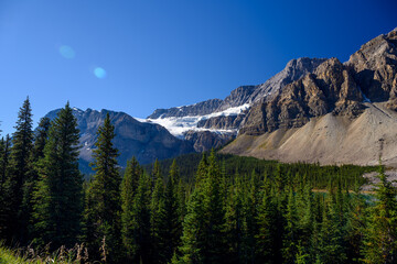 Scenic view of the Crowfoot Glacier in the Canadian Rockies along the Icefields Parkway in Banff National Park and Jasper National Park
