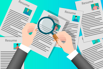 Fototapeta premium Personnel selection.The businessman goes through and studies the profiles and resumes of potential employees.The concept of hiring new employees.Flat vector illustration.