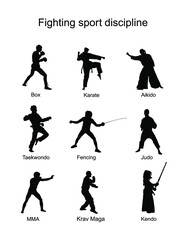 Fighting sport discipline collection vector silhouette illustration isolated on white background. Different martial sport. Fighter present skills. Self defense concept. Box, karate, aikido, judo...