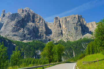 Mountain landscape along the road to Gardena pass, Dolomites