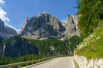 Mountain landscape along the road to Gardena pass, Dolomites