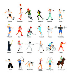Fototapeta na wymiar Sport man vector collection in different sport discipline. Big set active sport people illustration. Athlete skills. Health care concept. Training and work out in gym or outdoor.