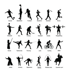 Sport man vector silhouette collection in different sport discipline. Big set active sport people illustration. Athlete skills. Health care concept. Training and work out in gym or outdoor. - obrazy, fototapety, plakaty