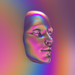 Abstract 3D render illustration of holographic human face in the wall, robotic head made of glossy iridescent material. Artificial intelligence concept.