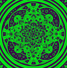 Floral doodle mandala. Geometric ornament. Sacred geometry. Line colorful bright green realistic drawing. Geometric ornament. Vector illustration