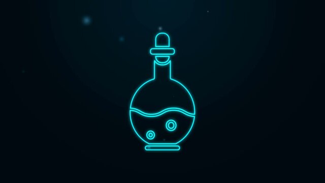Glowing neon line Glass bottle with magic elixir icon isolated on black background. Computer game asset. 4K Video motion graphic animation