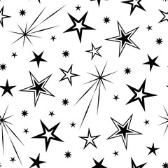 Vector White with Black Stars Geometric seamless repeat pattern background. Modern design with various star elements. Good for packaging, stationery, Christmas products