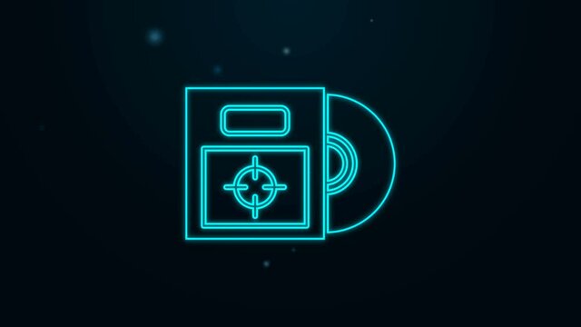 Glowing neon line CD or DVD disk in box icon isolated on black background. Compact disc sign. 4K Video motion graphic animation