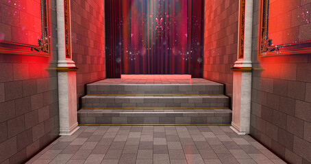 Way to success on the red carpet. The path to glory. Stairway go up. 3D render