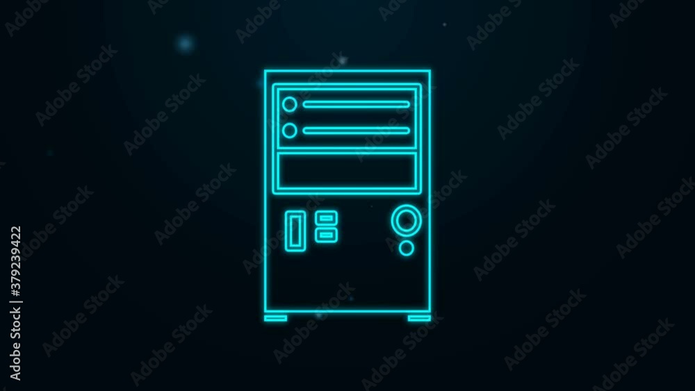 Poster glowing neon line computer icon isolated on black background. pc component sign. 4k video motion gra