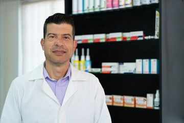 Portrait of brazilian male professional looking at camera in small pharmacy owner, small business, successful, community concept.