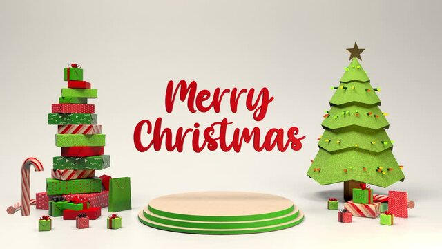 Merry Christmas 3D animated card with trees and gifts and candy cane's popping onto the screen. Joyful holiday green and red. 