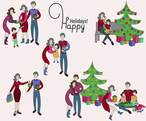 Family celebrating christmas and new year vector illustration set, children give gifts to grandparents, exchanching gifts