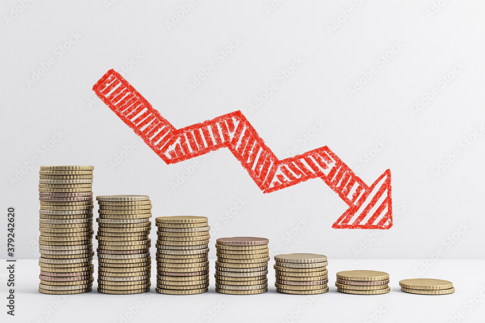 Poster falling chart of gold coins with red arrow.