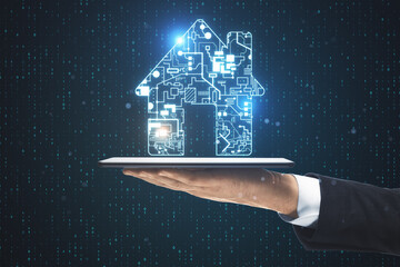 Abstract digital circuit microchip house hologram.