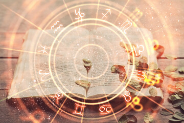 Book and abstract orange zodiac wheel backdrop.