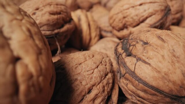 Pile of walnuts macro slider shot with probe lens