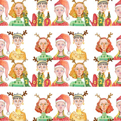 Christmas seamless pattern with people with girls digital paper wallpaper Santa's reindeer hat watercolor