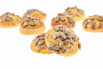 sunflower seeds chips cookies on white background in top view