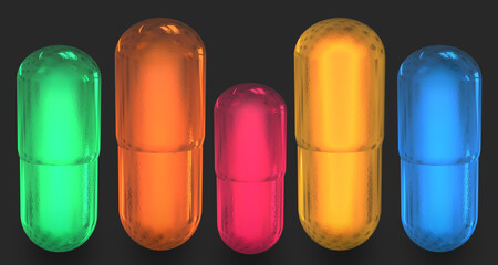 3D illustration of colorful pills on dark gray background