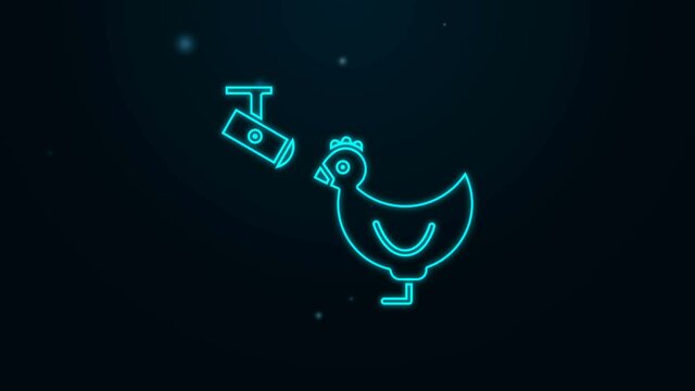 Glowing neon line Chicken farm and wireless Controlling CCTV security camera icon isolated on black background. 4K Video motion graphic animation