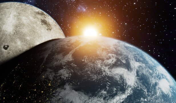 3D Render of Close up of Earth with the moon closely behind.Elements of this image furnished by NASA.