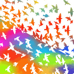 Bird watercolor. A flock of colorful birds. Mixed media. Vector illustration