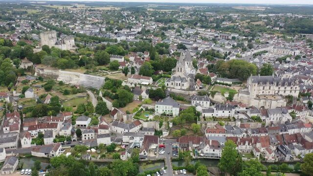 Aerial view of historic center of Loches town overlooking ancient Chateau of Anjou family with collegiate church, royal lodge and donjon, France. High quality 4k footage