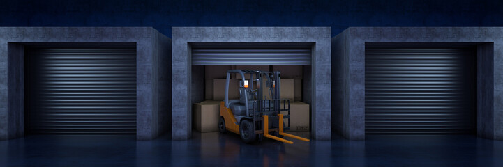 Forklift truck in warehouse or storage loading cardboard boxes. 3d rendering
