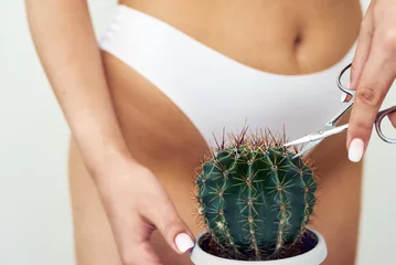 Foto auf Acrylglas The girl cuts a large cactus with scissors in the groin area. The concept of intimate hygiene, epilation and depilation, deep bikini shaving © etonastenka