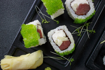 Sushi rolls with tuna and caviar, Japanese cuisine