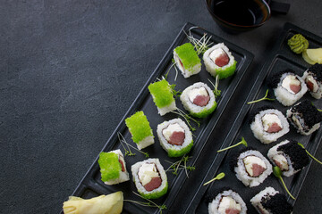Sushi rolls with tuna and caviar, Japanese cuisine
