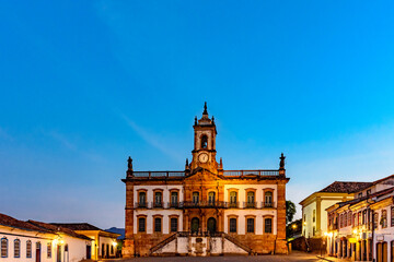 Naklejka premium Ouro Preto central square with its historic buildings, houses and monuments in 18th century Baroque and colonial architecture