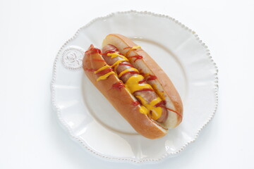 homemade comfort food, ketchup and mustard sauce hot dog