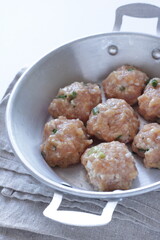 Homemade scallion and green onion meat ball on pan for Chinese cooking