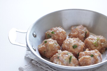Homemade scallion and green onion meat ball on pan for Chinese cooking