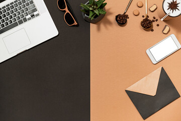 Workspace coffee design mockup with closed envelop