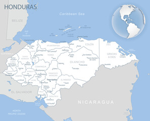 Obraz premium Blue-gray detailed map of Honduras administrative divisions and location on the globe.