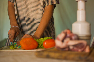 Person preparing salad of tomatoes and lettuce, meat close-up on a cutting board