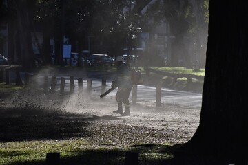 city employee working with a leaf blower at a public park in Buenos Aires