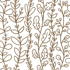 Seamless pattern with different plants on a white background. Vector print with herbs.
