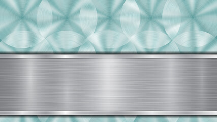 Background consisting of a light blue shiny metallic surface and one horizontal polished silver plate located below, with a metal texture, glares and burnished edges