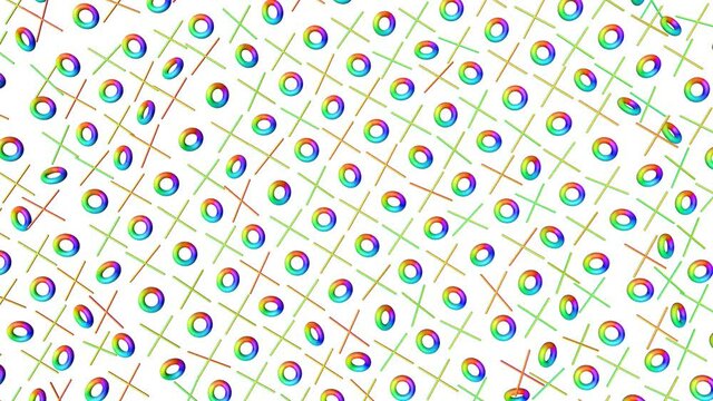 three-dimensional rainbow rings and crosses move on a white background. loop abstract background. 3d render